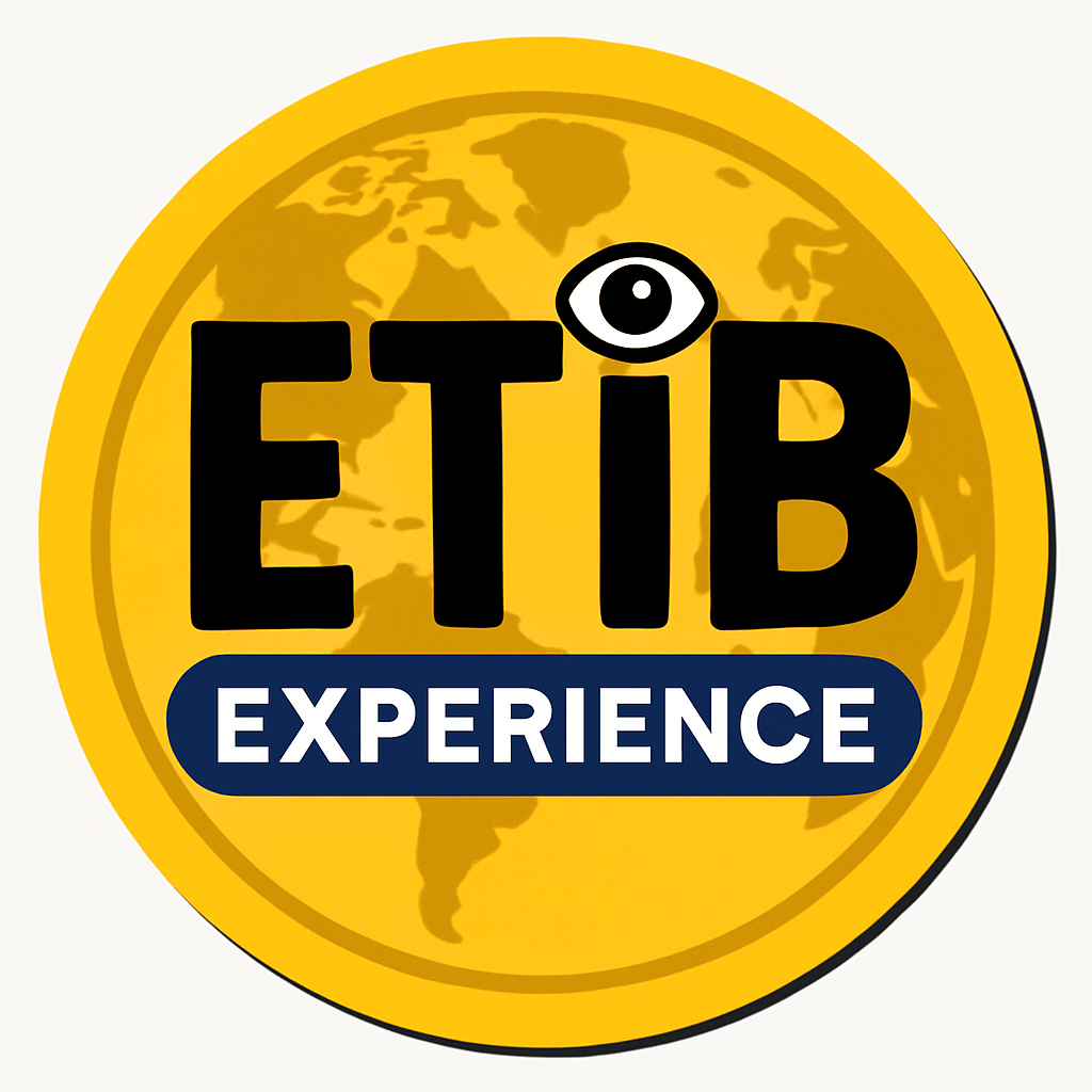 Gold circular badge with a subtle world map backdrop. Bold black “ETIB” lettering, the “I” topped with an eye symbol. Below, a navy bar with white “EXPERIENCE” text.