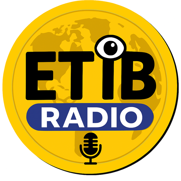 Bold yellow circle logo with a world map background. Large black letters “ETIB” with an eyeball replacing the dot on the lowercase “i.” Below, a blue oval contains the word “RADIO” in white capital letters. A black microphone icon sits at the bottom center.