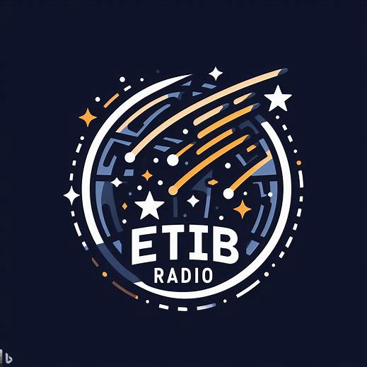 ETIB Radio logo featuring bold black text “ETIB” with an eye symbol replacing the dot on the letter “I.” The word “RADIO” appears in white capital letters on a blue banner beneath. A black microphone icon sits centered at the bottom. The background is a golden-yellow circle with a faint world map, symbolizing global reach and voice.