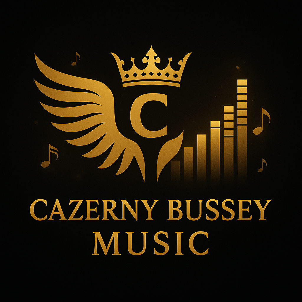 Gold emblem with wings, crown, and letter C centered above the words “Cazerny Bussey Music” in elegant gold lettering. Behind the logo, golden soundwave bars rise upward with faint glowing music notes, all set against a sleek black background.