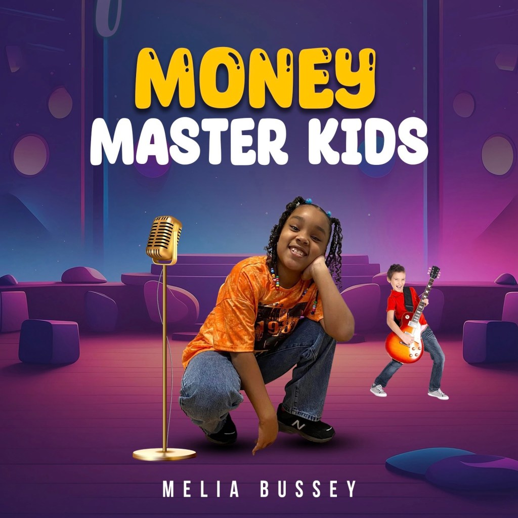 Cover art for the song Money Master Kids by Melia Bussey. The image shows a young girl wearing an orange shirt and jeans, smiling and posing beside a golden microphone on a colorful stage with purple and pink lighting. In the background, a child in a red shirt plays a bright orange electric guitar. The title “Money Master Kids” appears in bold yellow and white letters at the top, with “Melia Bussey” written below.