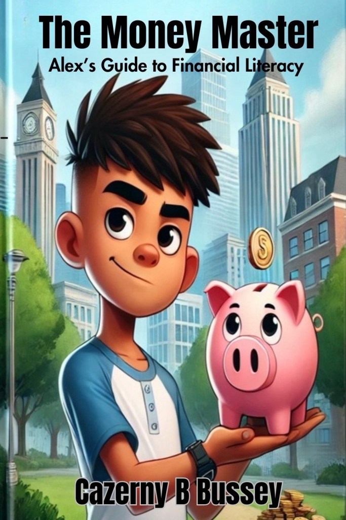 Book cover for The Money Master, showing a young boy holding a pink piggy bank with a city skyline in the background.