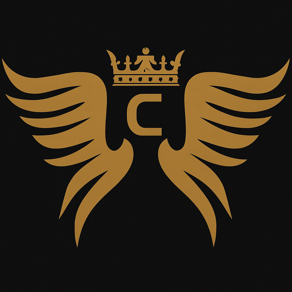 C.FLY. Logo. Gold letter C with wings and a crown on a black background.