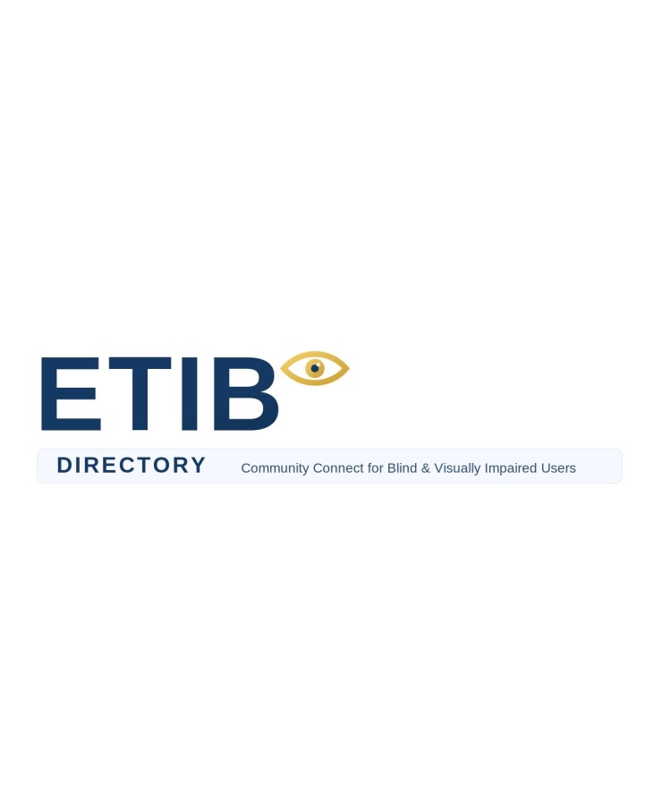 ETIB Directory logo, blue ETIB text with golden eye; tagline 'Community Connect for Blind & Visually Impaired Users'